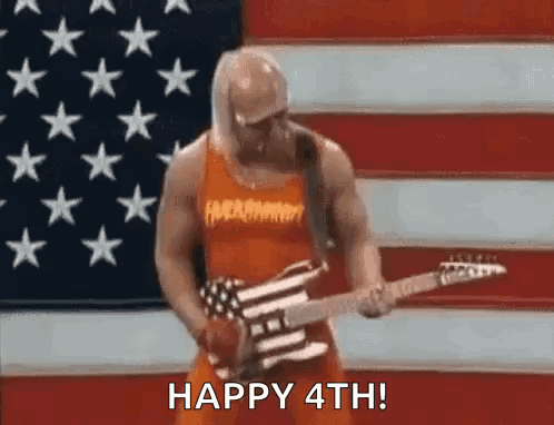 A Man Is Playing A Guitar In Front Of An American Flag And Says Happy 4Th . GIF