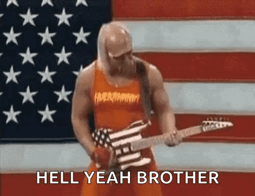 A Man Is Playing A Guitar In Front Of An American Flag And Says Hell Yeah Brother GIF