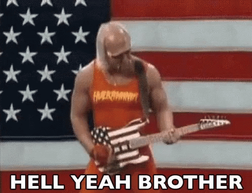 A Man Is Playing A Guitar In Front Of An American Flag And The Words Hell Yeah Brother Are Below Him GIF