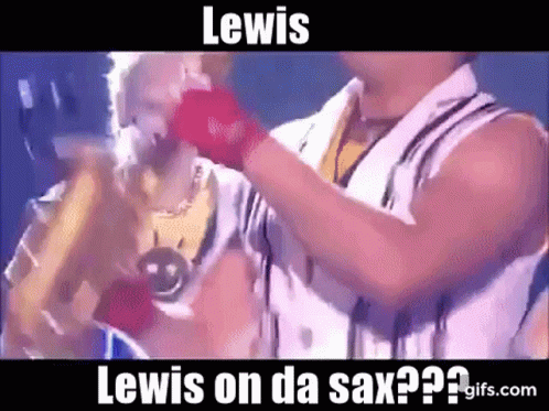 A Man Is Playing A Saxophone With The Words Lewis On Da Sax Written On The Bottom . GIF