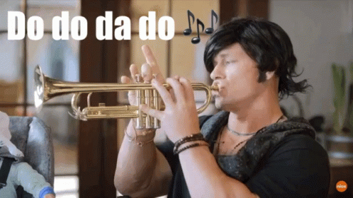 A Man Is Playing A Trumpet And The Words Do Do Da Do Are Above Him GIF