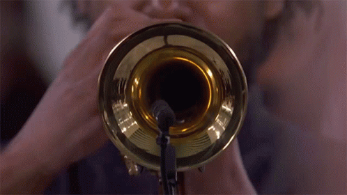 A Man Is Playing A Trumpet With A Microphone Attached To It GIF