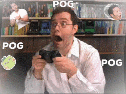 A Man Is Playing A Video Game And The Word Pog Is On The Bottom GIF