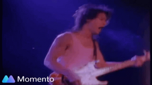 A Man Is Playing An Electric Guitar In Front Of A Blue Background That Says Momento GIF