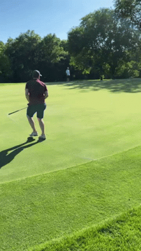 A Man Is Playing Golf On A Lush Green Course GIF
