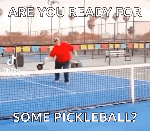A Man Is Playing Pickleball On A Tennis Court And The Caption Says Are You Ready For Some Pickleball ? GIF
