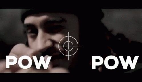 A Man Is Pointing A Gun At A Target With The Words Pow Pow Written On The Bottom . GIF
