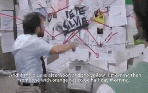 A Man Is Pointing At A Poster That Says Pepe Silvia On It GIF