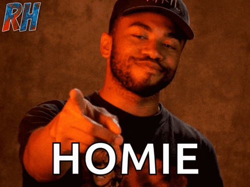 A Man Is Pointing At The Camera And The Word Homie Is On The Screen GIF
