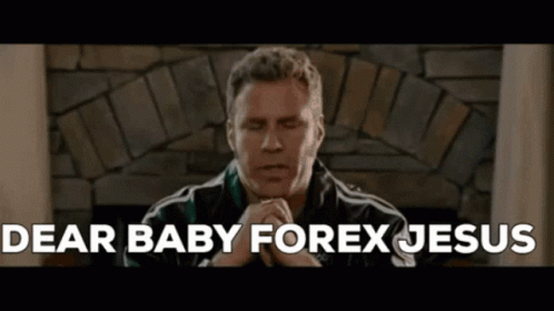 A Man Is Praying In Front Of A Fireplace With The Words `` Dear Baby Forex Jesus '' Written Above Him . GIF