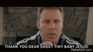 A Man Is Praying With His Eyes Closed And Says `` Thank You Dear Sweet Tiny Baby Jesus ! '' GIF