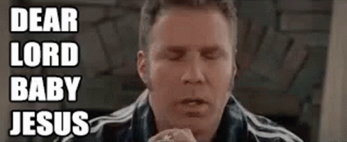 A Man Is Praying With His Eyes Closed And The Words `` Dear Lord Baby Jesus '' Above Him . GIF