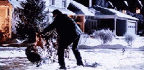 A Man Is Pushing A Stroller In The Snow In Front Of A House At Night . GIF