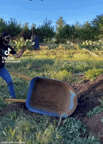 A Man Is Pushing A Wheelbarrow In A Field With A Tiktok Watermark On The Bottom GIF