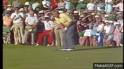 A Man Is Putting A Golf Ball On A Green In Front Of A Crowd GIF
