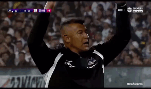 a man is raising his arms in the air while watching a soccer game .