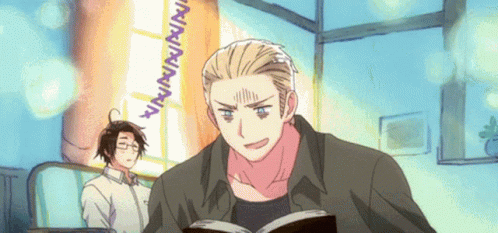 A Man Is Reading A Book In Front Of A Window With A Sign That Says Ninninnia GIF