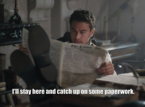 A Man Is Reading A Newspaper With His Feet Up And Says I 'Ll Stay Here And Catch Up On Some Paperwork GIF