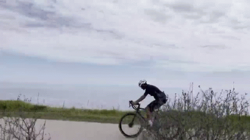 A Man Is Riding A Bike Down A Dirt Road Next To A Bush . GIF