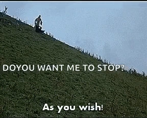 A Man Is Riding A Bike Down A Grassy Hill With The Words `` Do You Want Me To Stop ? '' As You Wish . GIF