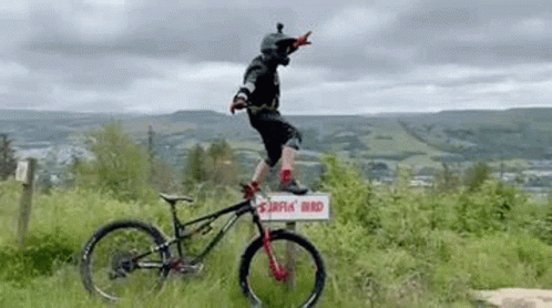 A Man Is Riding A Bike On Top Of A Sign In The Grass . GIF