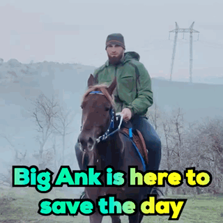 A Man Is Riding A Horse With The Words Big Ank Is Here To Save The Day Below Him GIF