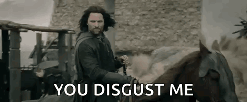 A Man Is Riding A Horse With The Words `` You Disgust Me '' Written Below Him . GIF