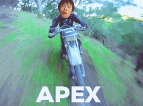 A Man Is Riding A Motorcycle With The Word Apex Written On The Bottom GIF