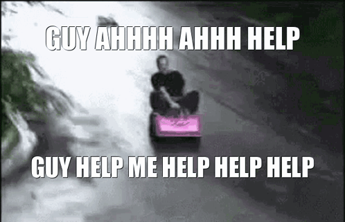 A Man Is Riding A Pink Sled Down A Hill With The Words Guy Help Me Help Help Help . GIF