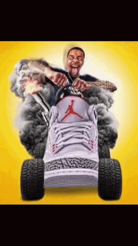 A Man Is Riding On The Back Of A Shoe With A Smoke Coming Out Of It GIF