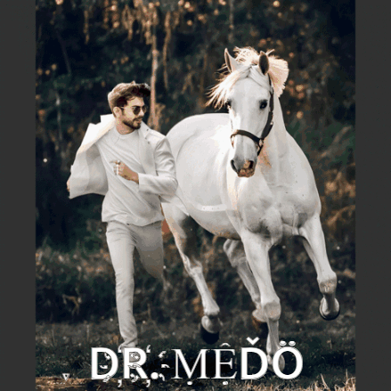 A Man Is Running Behind A White Horse With The Name Dr Medo On The Bottom GIF
