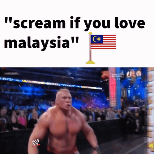 A Man Is Running In Front Of A Crowd With The Words " Scream If You Love Malaysia " GIF