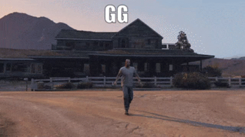 A Man Is Running In Front Of A House That Says Gg On The Top GIF