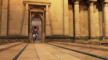 A Man Is Running Through A Stone Archway In A Video Game . GIF