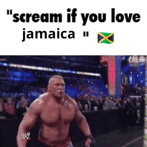 A Man Is Screaming In Front Of A Crowd With The Words " Scream If You Love Jamaica " On The Bottom GIF