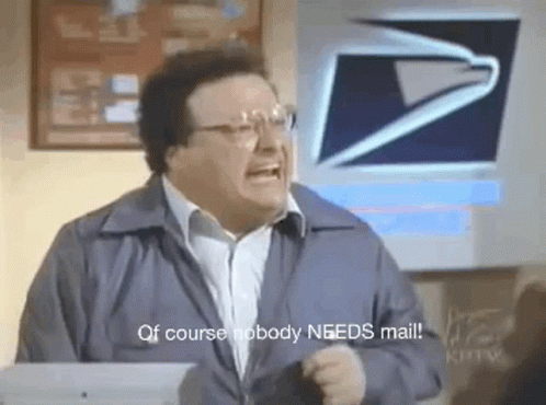 A Man Is Screaming In Front Of A United States Postal Service Logo . GIF
