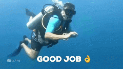 A Man Is Scuba Diving In The Ocean With The Words `` Good Job '' Written On The Bottom Of The Image . GIF
