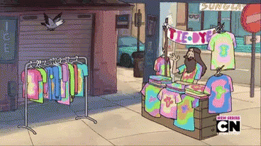 A Man Is Selling Tie Dye Shirts In A Cartoon Scene GIF
