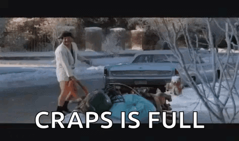 A Man Is Shoveling Snow In Front Of A Car In The Snow With The Words `` Craps Is Full '' . GIF