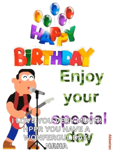 A Man Is Singing Into A Microphone While Holding A Guitar . GIF