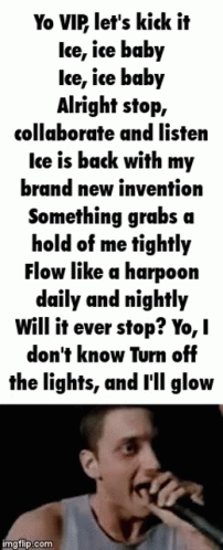 A Man Is Singing Into A Microphone With Lyrics On A Poster Behind Him GIF