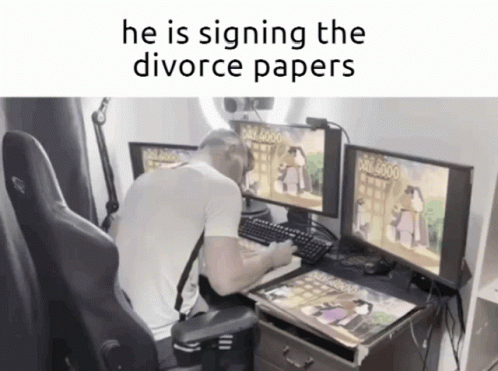 A Man Is Sitting At A Desk Playing A Video Game With The Words He Is Signing The Divorce Papers Above Him GIF
