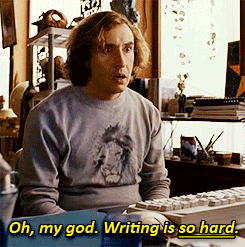 A Man Is Sitting At A Desk With A Keyboard And The Words Oh My God Writing Is So Hard Above Him GIF