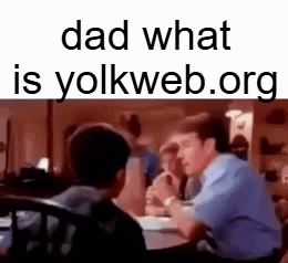 a man is sitting at a table talking to another man with the words dad what is yolkweb.org above him .