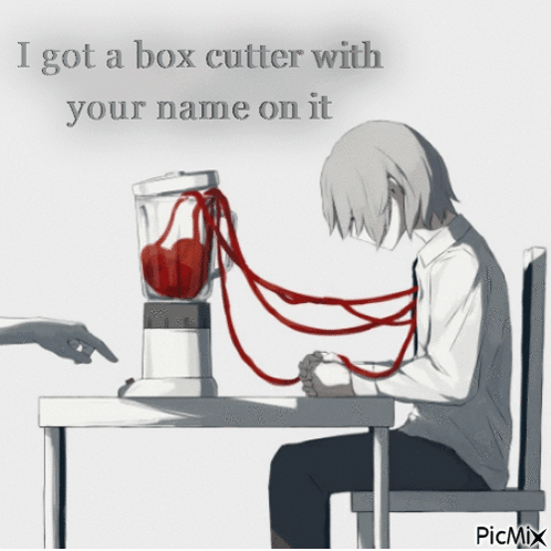 A Man Is Sitting At A Table With A Blender And A Red String Tied Around His Neck GIF
