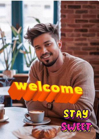 A Man Is Sitting At A Table With A Cup Of Coffee And A Croissant With The Words Welcome Stay Sweet Behind Him GIF