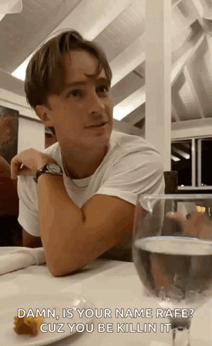A Man Is Sitting At A Table With A Glass Of Water And A Plate Of Food And Says " Damn Is Your Name Rafe " GIF