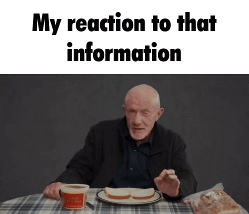 A Man Is Sitting At A Table With A Plate Of Food And A Cup Of Coffee With The Words " My Reaction To That Information " GIF
