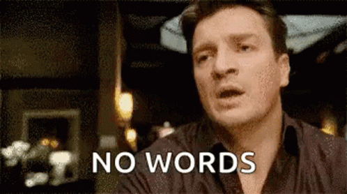 A Man Is Sitting At A Table With His Mouth Open And The Words `` No Words '' Written On His Face . GIF
