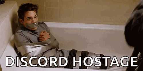 A Man Is Sitting In A Bathtub Wrapped In Duct Tape With The Words `` Discord Hostage '' Written Above Him . GIF